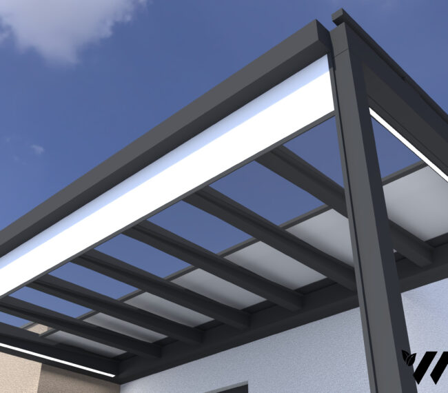 3D vizualizácia hliníkovej pergoly so screenovou roletou a verandou